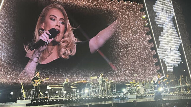 Adele is shown on opening night of "Weekends With Adele" at the Colosseum at Caesars Palace on Nov. 18, 2022, in Las Vegas. (John Katsilometes/Las Vegas Review-Journal/TNS)