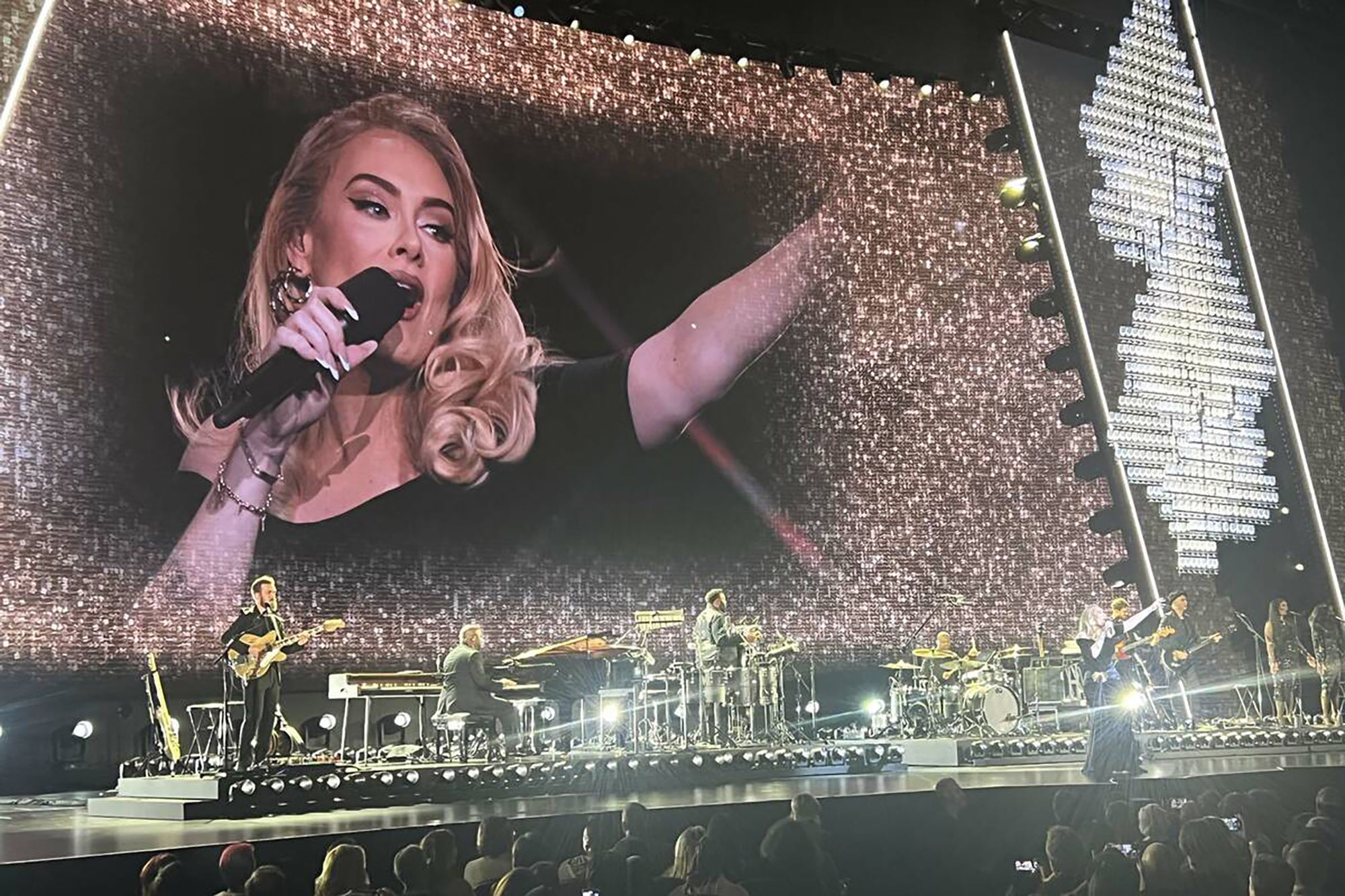 Adele is shown on opening night of "Weekends With Adele" at the Colosseum at Caesars Palace on Nov. 18, 2022, in Las Vegas. (John Katsilometes/Las Vegas Review-Journal/TNS)