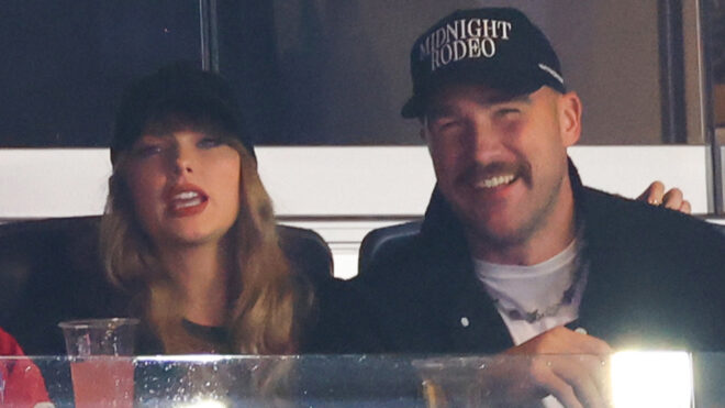 Taylor Swift, left, and Travis Kelce attend Game 1 of the American League Championship Series between the Cleveland Guardians and the New York Yankees at Yankee Stadium on Oct. 14, 2024, in New York. (Mike Stobe/Getty Images/TNS)