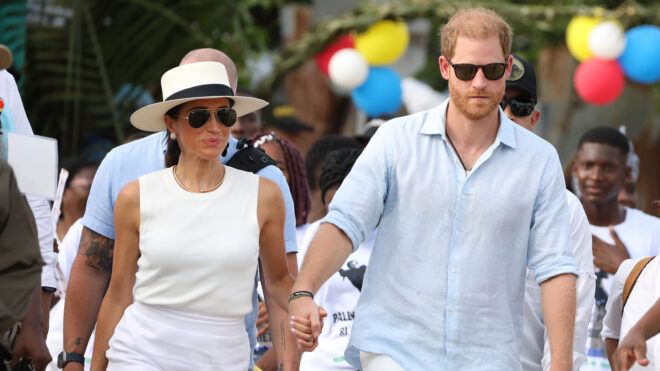 Prince Harry, Duke of Sussex, right, and Meghan, Duchess of Sussex are seen in the streets of San Basilio de Palenque during a visit around Colombia on Aug.17, 2024, in Cartagena, Colombia. (Vizzor Image/Getty Images/TNS)