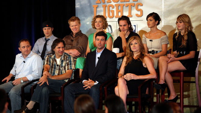 The cast of "Friday Night Lights" speak during day 13 of the DirecTV portion of NBC Universal 2008 Summer Television Critics Association Press Tour held at the Beverly Hilton hotel on July 20, 2008, in Beverly Hills, California. (Frederick M. Brown/Getty Images/TNS)