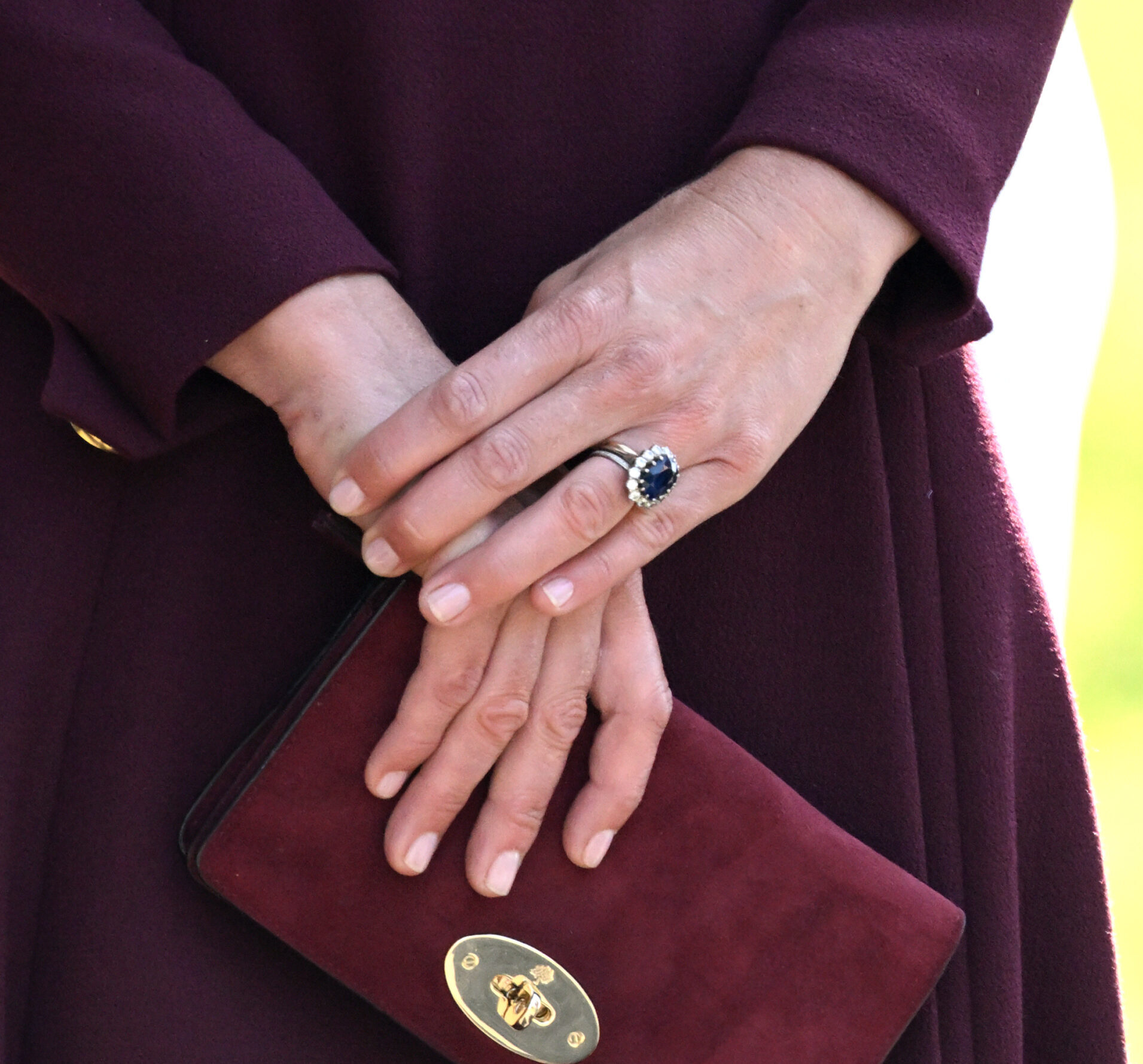 ST DAVIDS, WALES - SEPTEMBER 08: Catherine, Princess of Wales, bag detail, visits St Davids Cathedral for a service to commemorate the first anniversary of the death of Queen Elizabeth II, on September 08, 2023 in St Davids, United Kingdom. Queen Elizabeth II passed away at Balmoral Castle, her private Scottish residence, on September 8th 2022. This brought to an end her 70-year reign, the longest of a British monarch. Her funeral was held at Westminster Abbey on 19 September and she is buried in St George's Chapel at Windsor Castle. (Photo by Karwai Tang/WireImage)