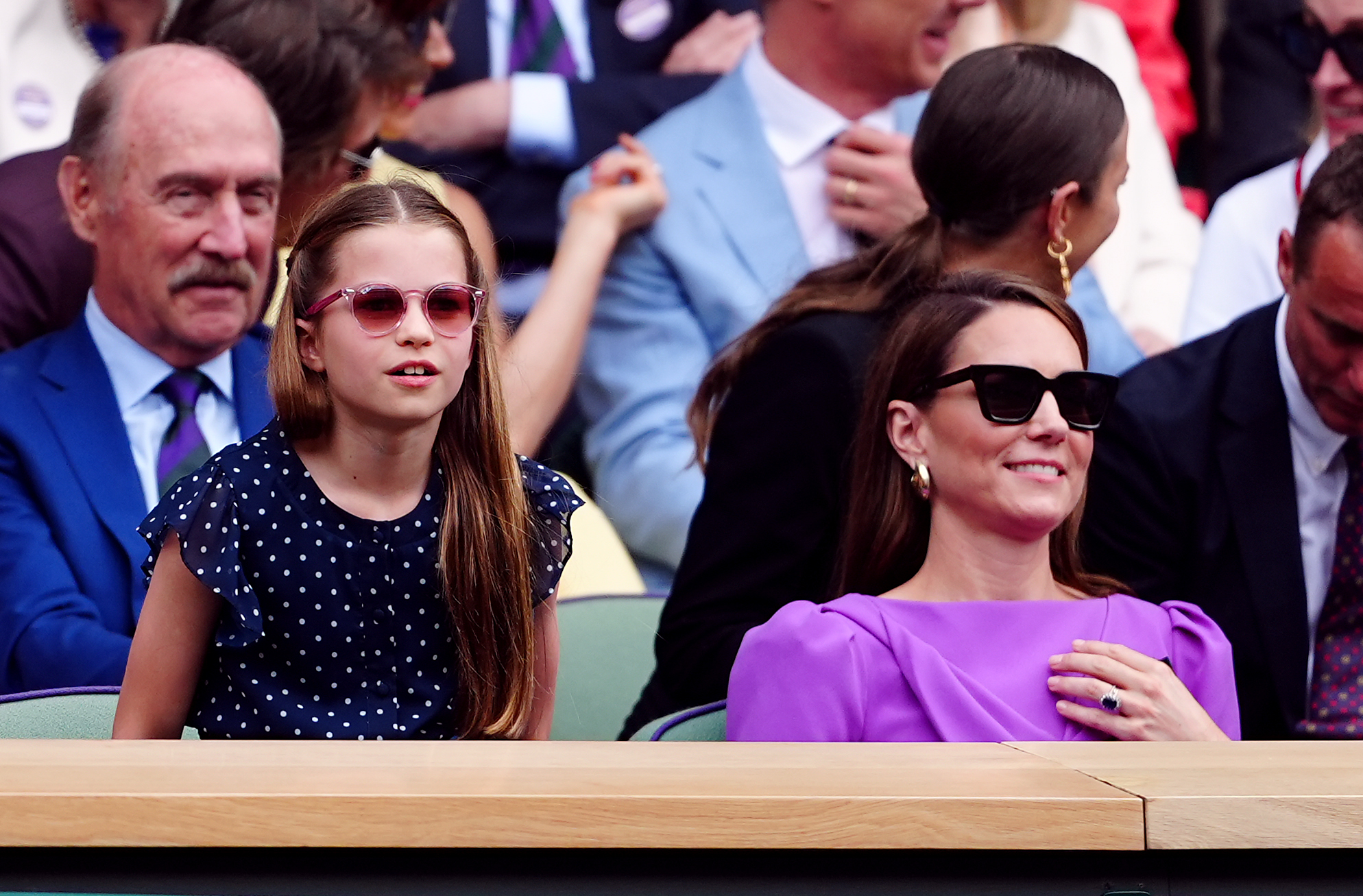 The Princess of Wales and Princess Charlotte in the royal box on day fourteen of the 2024 Wimbledon Championships at the All England Lawn Tennis and Croquet Club, London. Picture date: Sunday July 14, 2024. (Photo by Mike Egerton/PA Images via Getty Images)