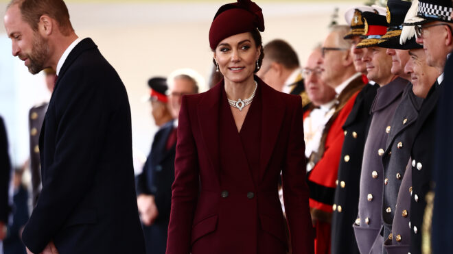 LONDON, ENGLAND - DECEMBER 3: Prince William, Prince of Wales and Catherine, Princess of Wales greet dignitaries as she arrives to form part of a Ceremonial Welcome at Horse Guards Parade during day one of The Amir of the State of Qatar's visit to the United Kingdom on December 3, 2024 in London, England. His Highness Sheikh Tamim bin Hamad Al Thani, Amir of the State of Qatar, accompanied by Her Highness Sheikha Jawaher bint Hamad bin Suhaim Al Thani, will hold several engagements with The Prince and Princess of Wales, The King and Queen as well as political figures. (Photo by Henry Nicholls-WPA Pool/Getty Images)