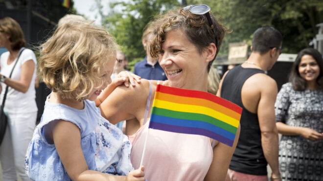 Mom and daughter with rainbow flag