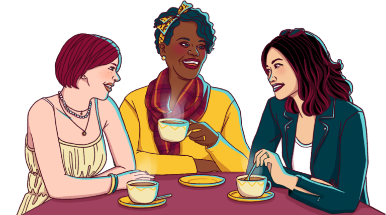 Illustration of three diverse women drinking tea and coffee