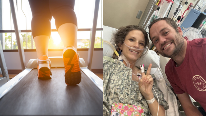 side by side of woman's legs walking on treadmill and Justine Carter and her husband Kevin while she lays in the hospital